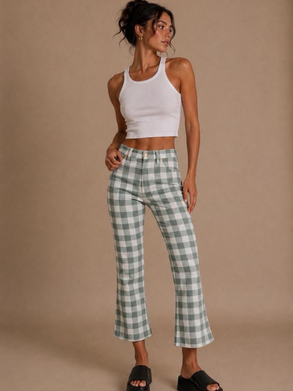 Wrangler Green and White Gingham High-Waist kick flare jeans - Picture 5 of 7